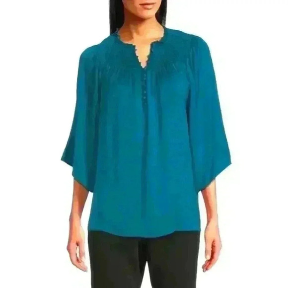 Investments semi sheer black print blouse. Billowy sleeves. - Picture 2 of 9